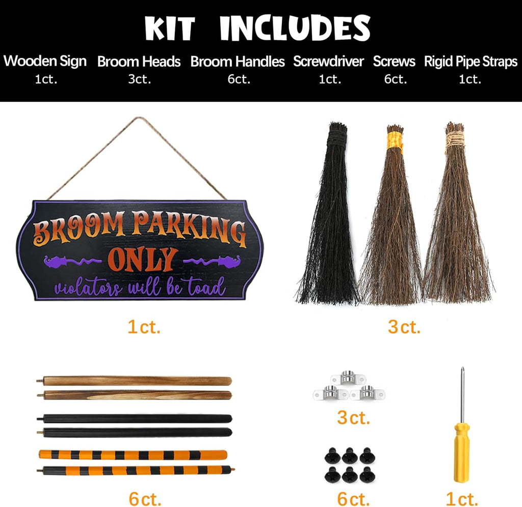 Halloween Decorations - Broom Parking Sign with 3 Wooden Witches Brooms - Set of 4