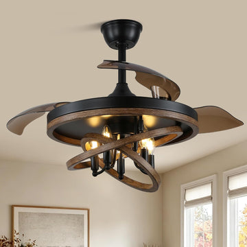 42" Rustic Retractable Ceiling Fan with Lights and Remote Control