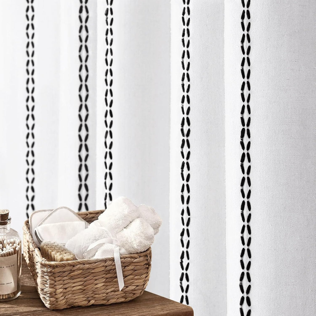 Black and White Boho Shower Curtain, 72" W X 72" L | Farmhouse Linen Striped Fabric with Tassels