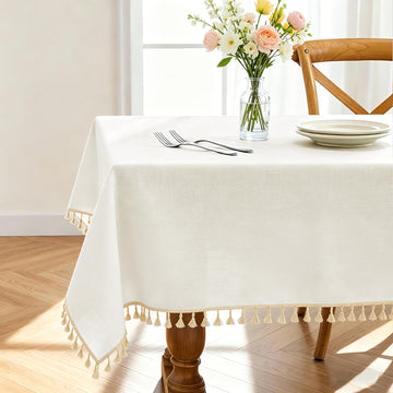 Ivory Tablecloth Rectangle Linen Cotton Texture, Waterproof Heavy Duty Farmhouse Wrinkle Free Table Cloth with Tassel