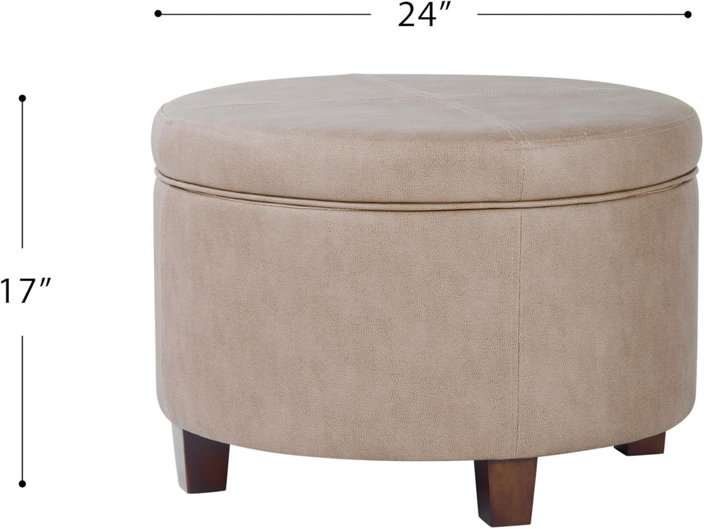 Home Decor | Upholstered Faux Leather Round Storage Ottoman | Ottoman with Storage , Taupe Brown
