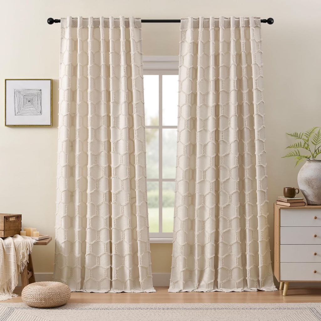 Cream Beige Geometric Curtains 84 Inches Long Back Tab Semi Sheer Fluffy Jacquard Curtains Hexagon Lattice Pattern