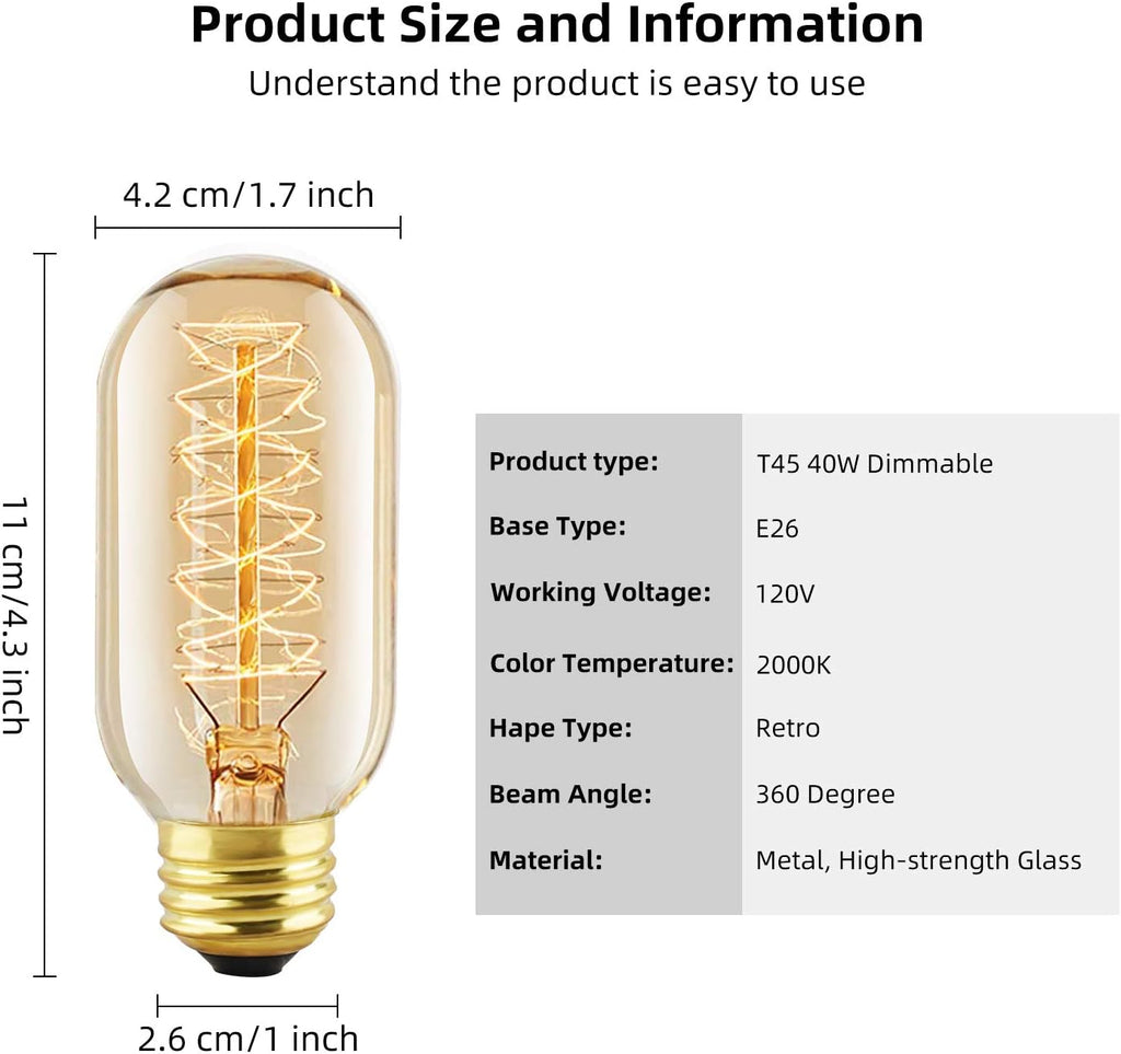 T45 Incandescent Light Bulbs,40W Edison Bulbs,E26,Amber Glass,Warm