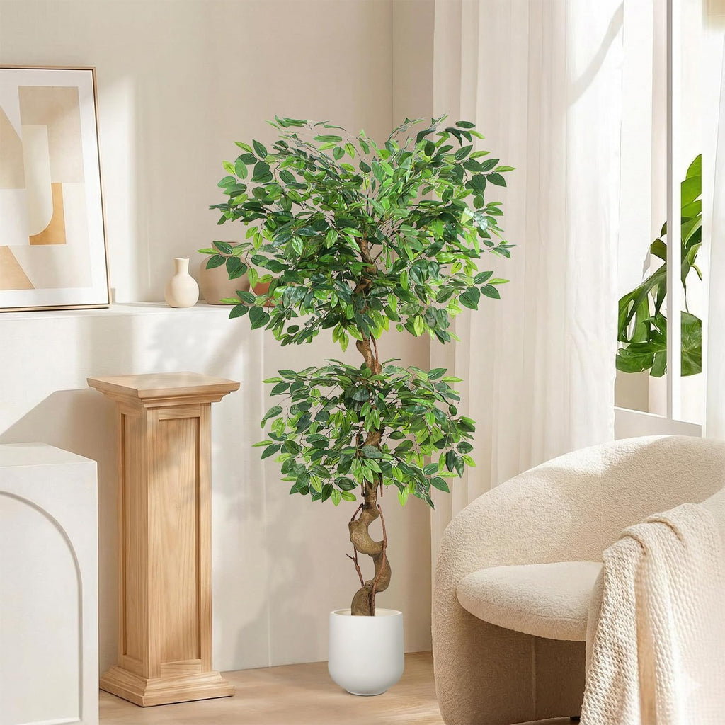 5FT Artificial Ficus Tree,Large Fake Tree with White Planter, Tall Faux Ficus Tree with Lifelike Leaves and Realistic