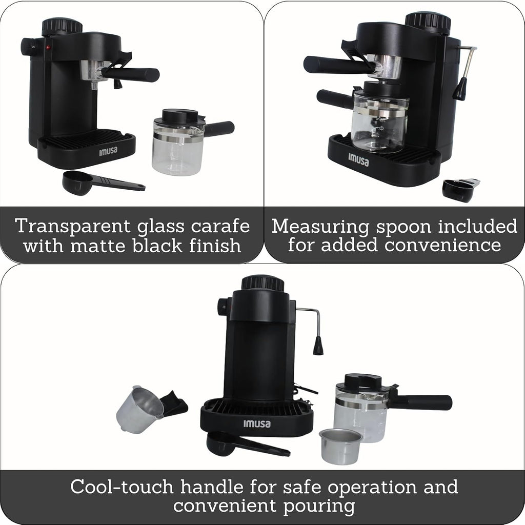 4 Cup Electric Espresso Cappuccino Coffee Maker, Black | Matte Finish, Milk Frother for Creamy Foam, Cappuccino and