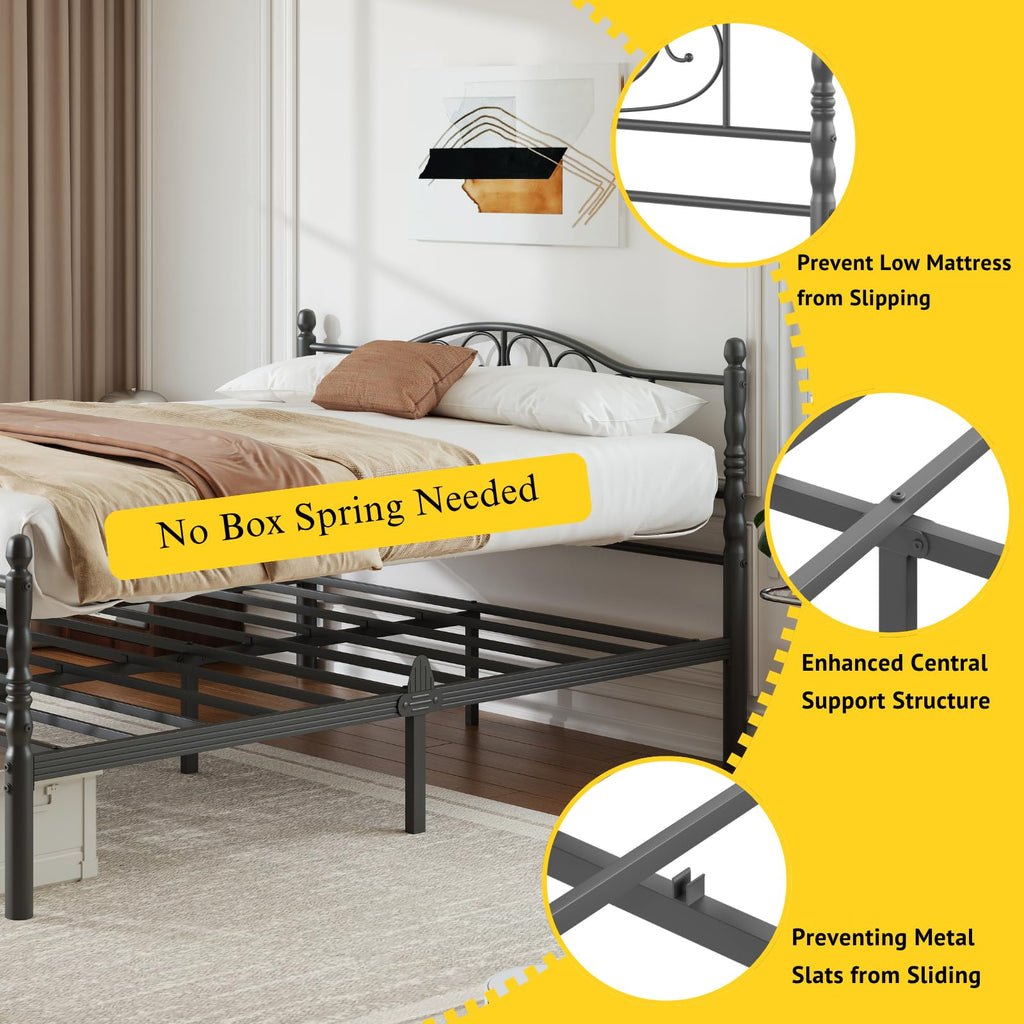 12" Victorian Metal Queen Platform Bed Frame with Headboard