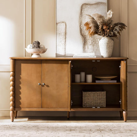 60" Sideboard Cabinet with Spindle Design, Transitional Storage Cabinet with 4 Doors, Adjustable Shelves