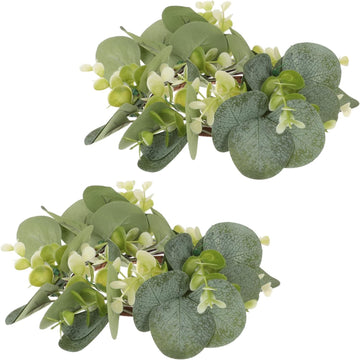 Artificial Wreath Candle Holders Eucalyptus Leaf Decorative Tabletop Ornaments Party and Wedding Decor No - Set of 2