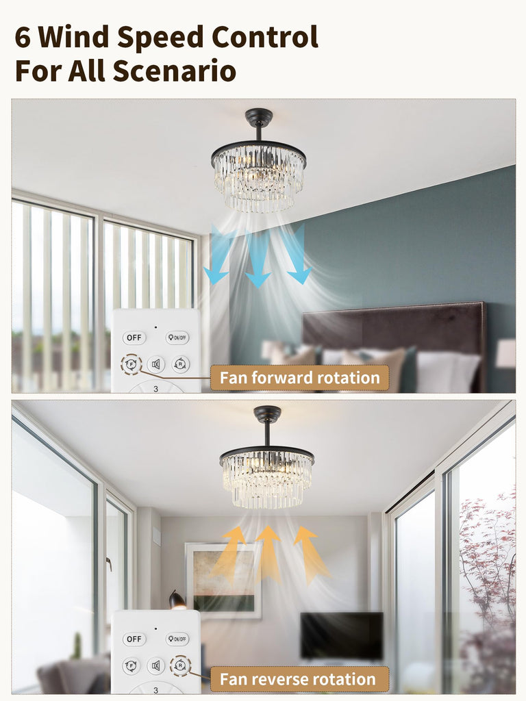 20" Black Crystal Fandelier Ceiling Fans with Lights, Farmhouse Rustic Caged Crystal Chandelier Ceiling Fan with Light