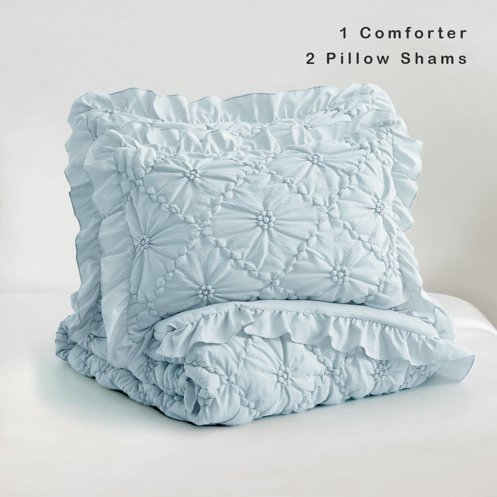 Comforter Set, Cornflower Blue Pinch Pleat Ruffle, 3 Pieces