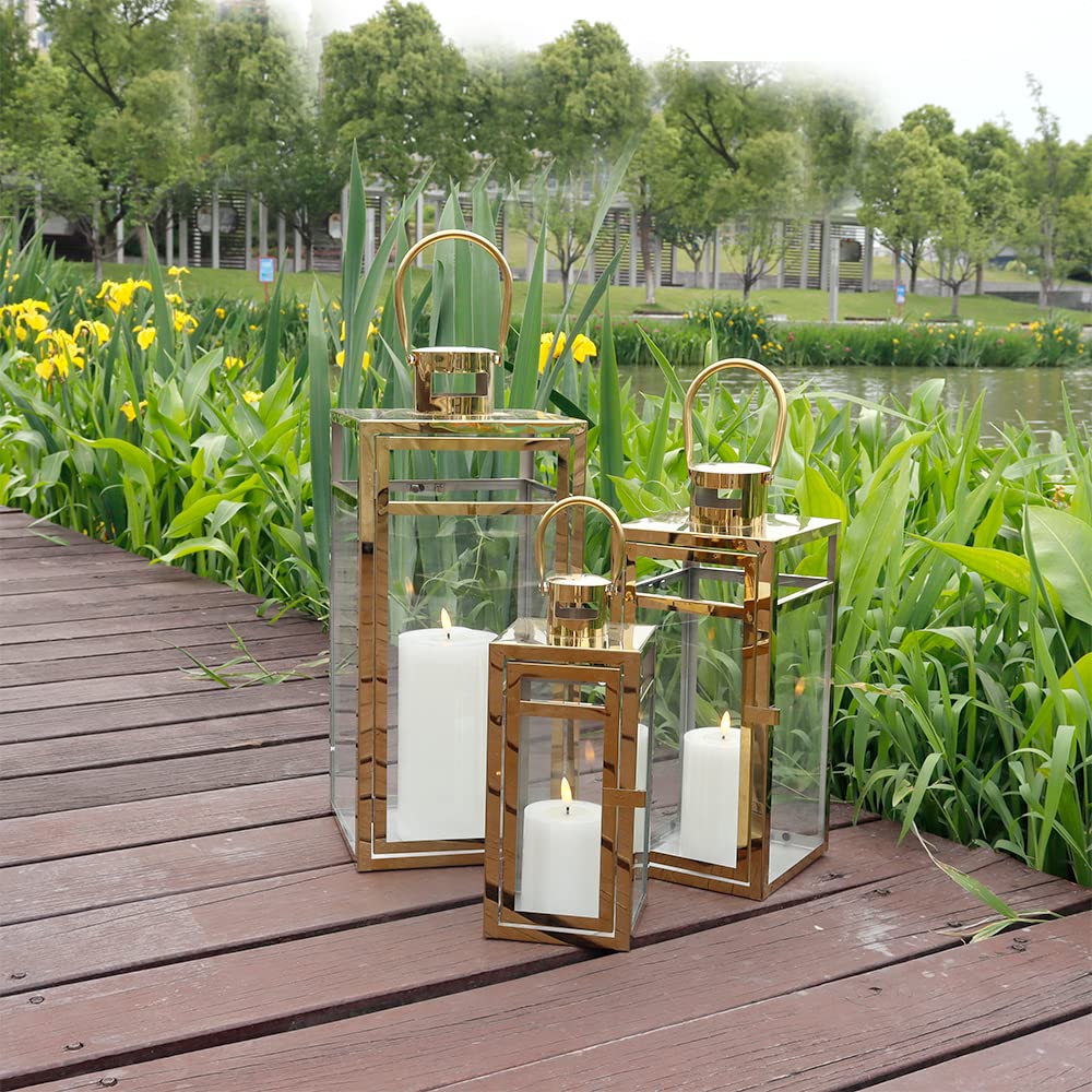 Elegant Gold Stainless Steel Lantern Set- 3 Sizes (12", 15", 19") - Tempered Glass Panel Metal Lanterns for Versatile
