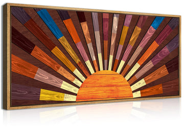 Extra Large Wood Sun Framed Wall Art 20x40 Inch Boho Sunrise 3D Geometric Wall Decor Mid century Sunshine Painting