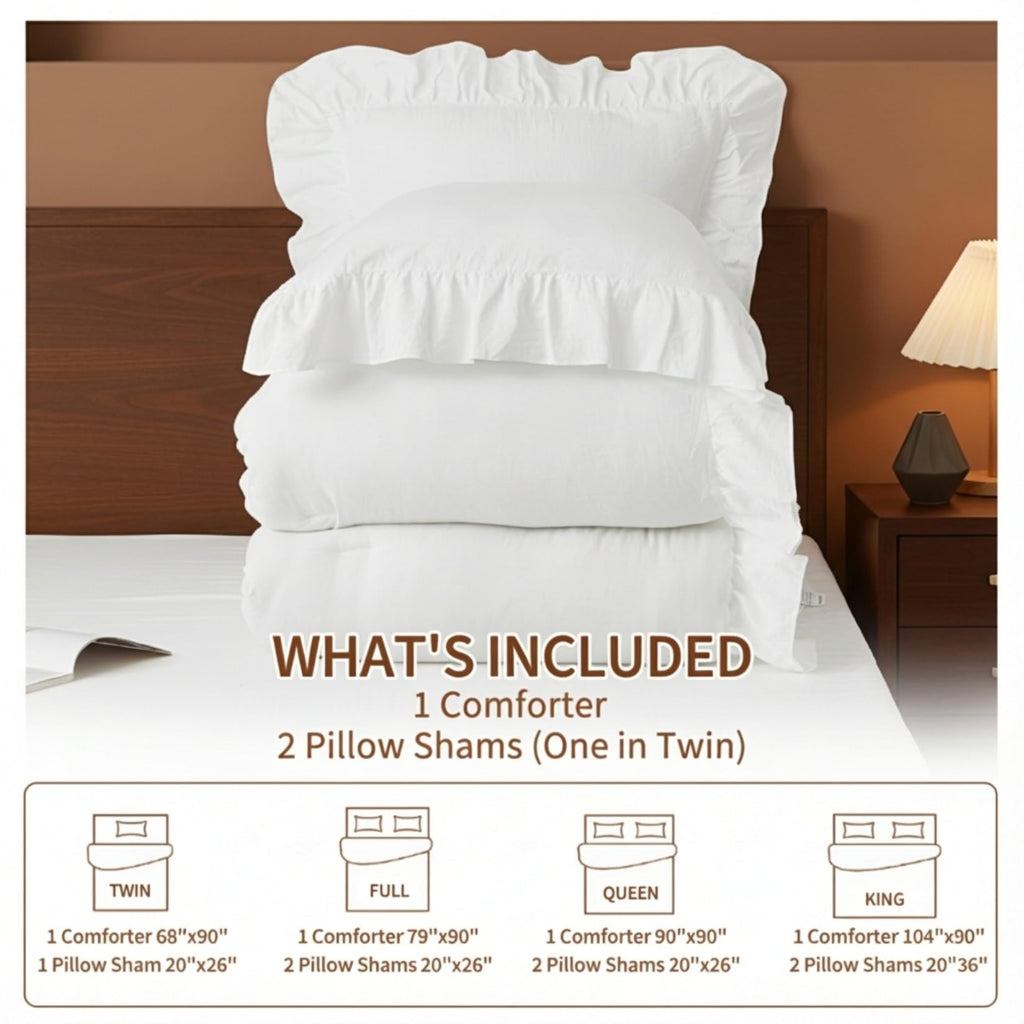 White Ruffled King Size Comforter Set, 3PCS Soft Washed Microfiber Lightweight & Fluffy All-Season Bedding Comforter