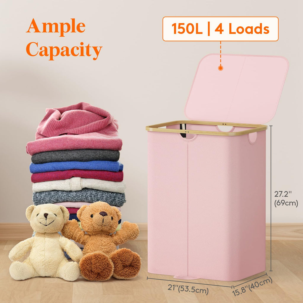 150L Double Laundry Hamper with Lid and Removable Bag, Pink