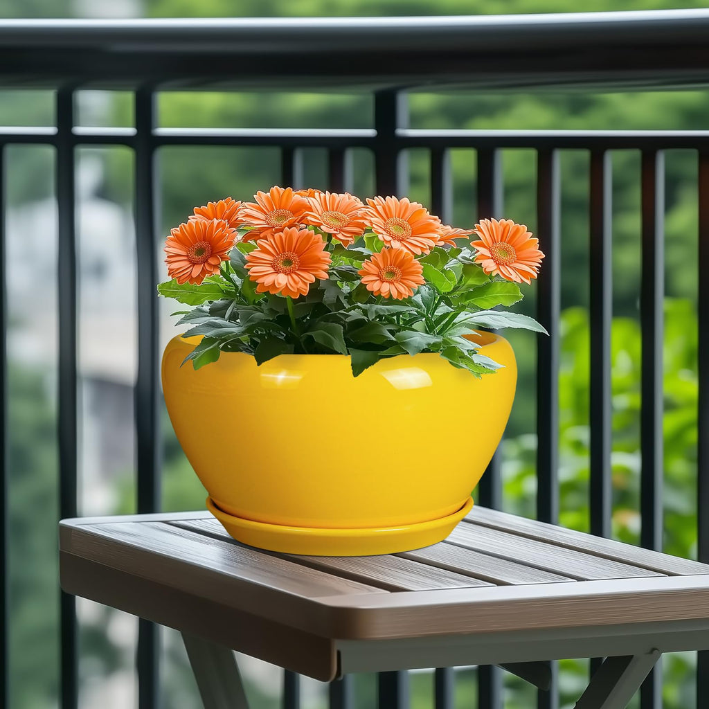 Indoor Planter 11 Inch - Decorative Mid-Century Large Ceramic Plant Pot for Outdoor Plants with Drainage Hole and
