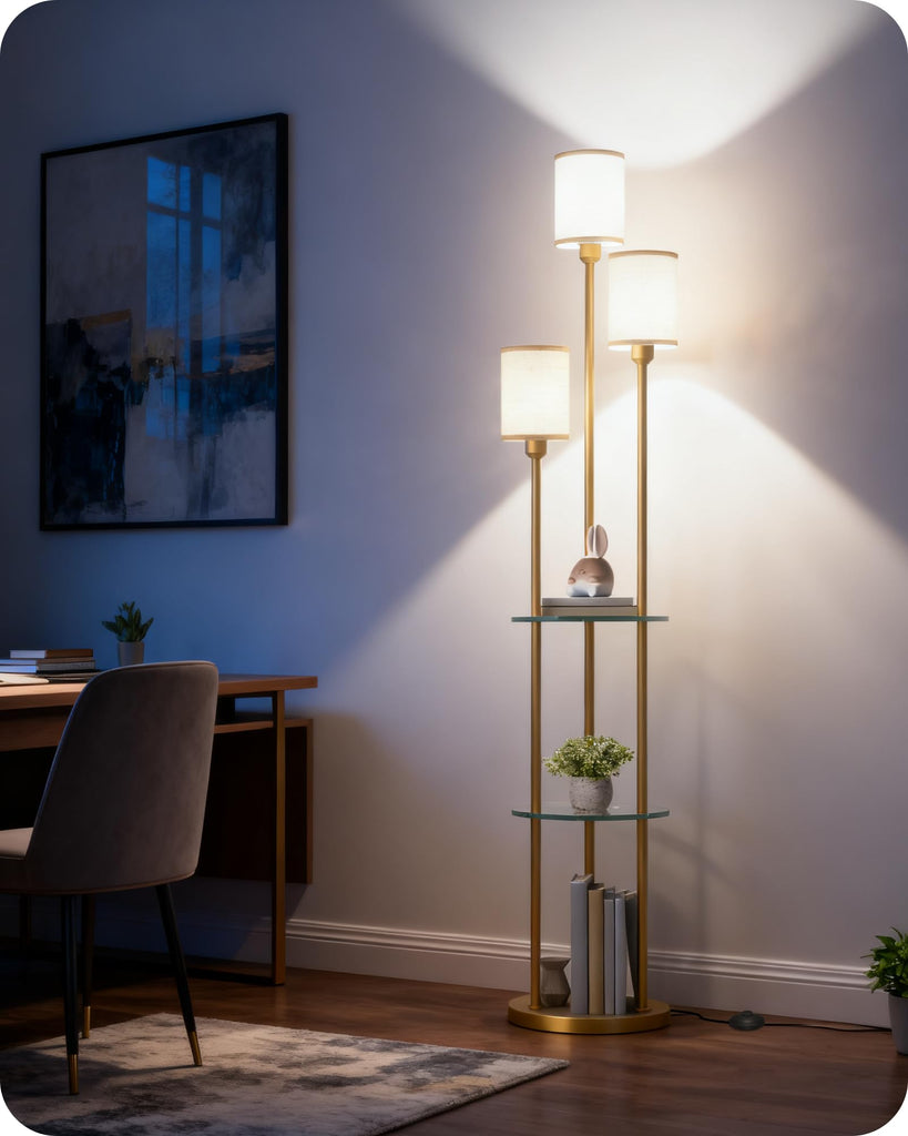 Floor Lamp with Shelves, Modern Floor Lamp with 3 Linen Shades and Foot Switch, 3-Light Standing Lamp, Study, Office