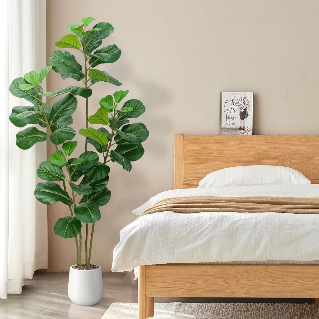 Faux Fiddle Leaf Fig Tree 5ft with White Planter 4 Trunk Fake Plants in Pot