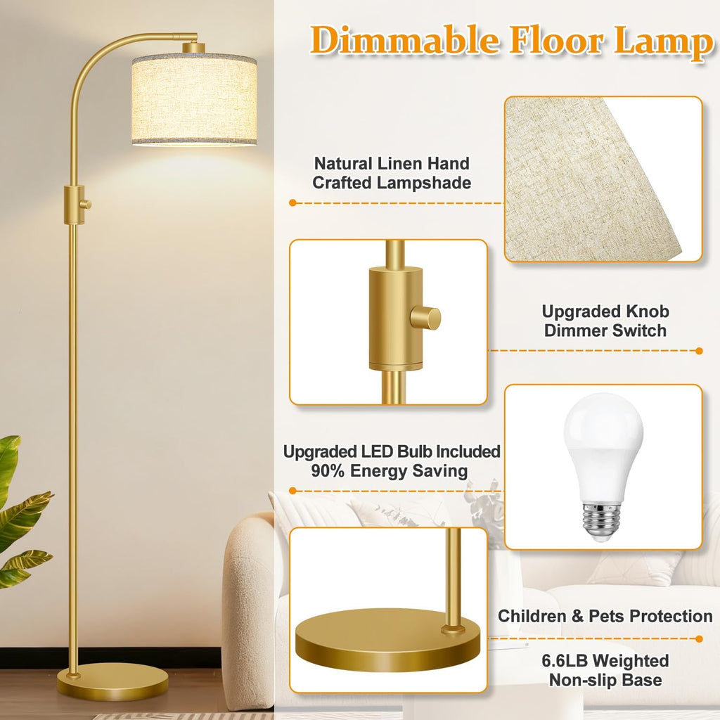 Upgraded Modern Arc Dimmable Tall Standing Floor Lamp with Linen Shade, 1200 Lumens LED Bulb Included, for Living &