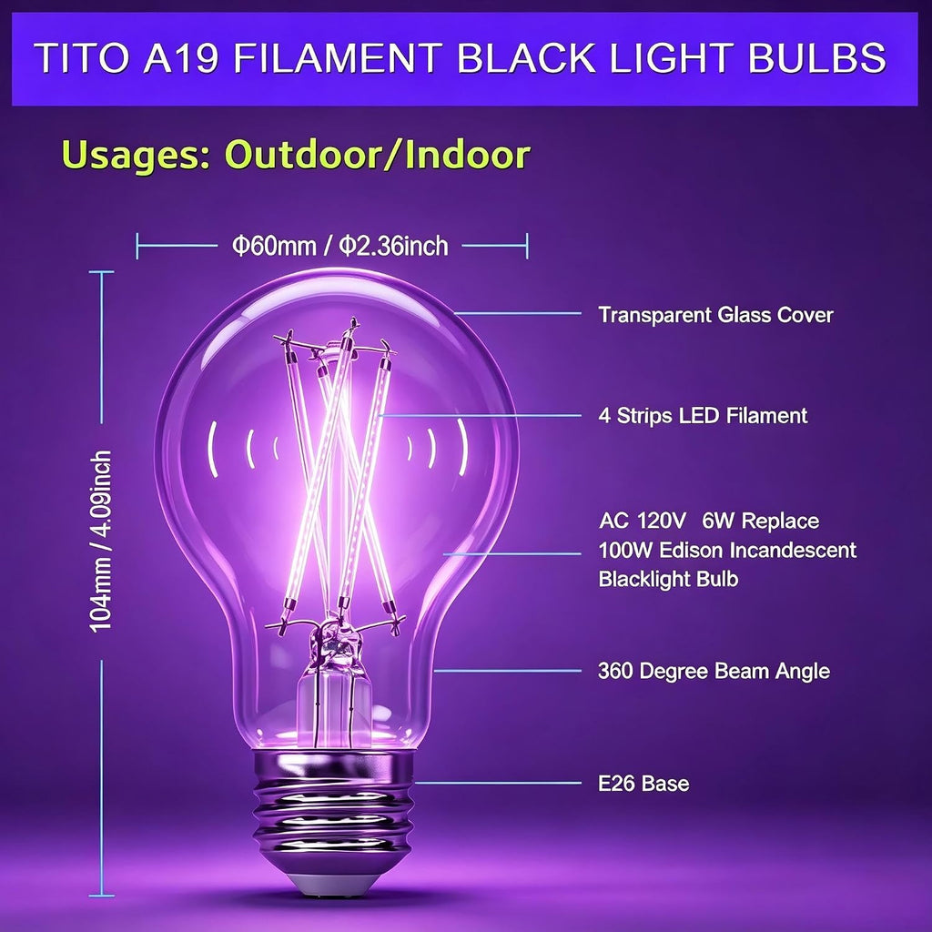 2 Pack E26 A19 UVA 395nm Dimmable Edison Filament Black Light Bulb