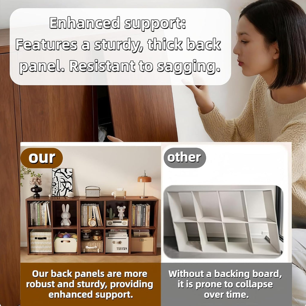 Real Solid Wood 8 Cube Storage Organizer Shelf with 4 Bins, Low Bookcase
