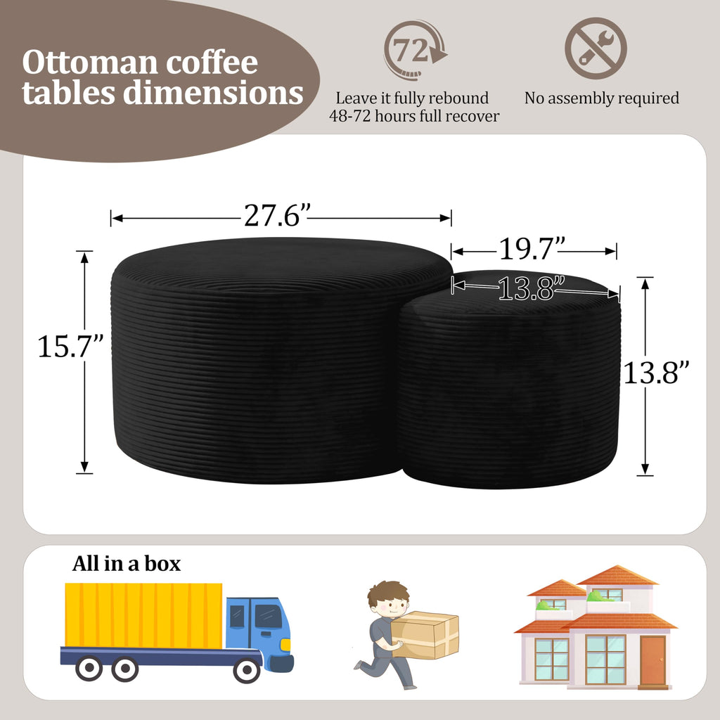 Boneless Ottoman Nesting Coffee Table Set of 2, Corduroy Soft Foot Rest Movable Large Pouf Footstool Sofa Couch