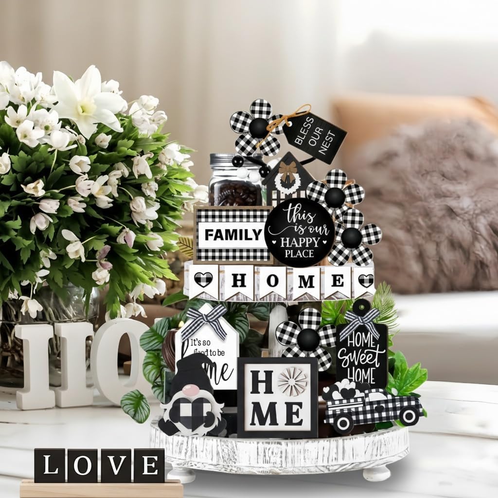 Farmhouse Home Tiered Tray Decor Set - Rustic Wooden Tabletop Decorations with Vintage Country Style, Shelf & - Set of 23