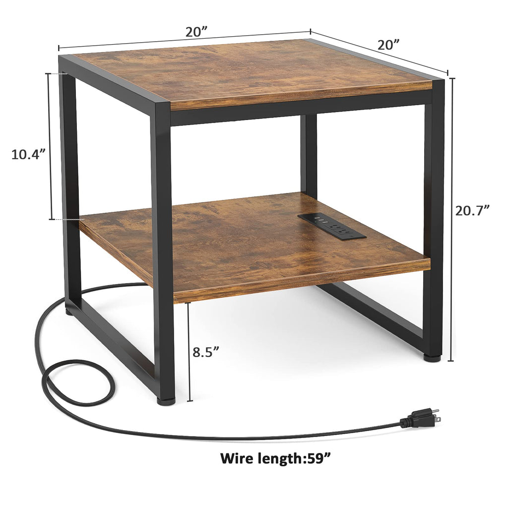 End Table with Charging Station, Mini Fridge Stand, Rustic Brown