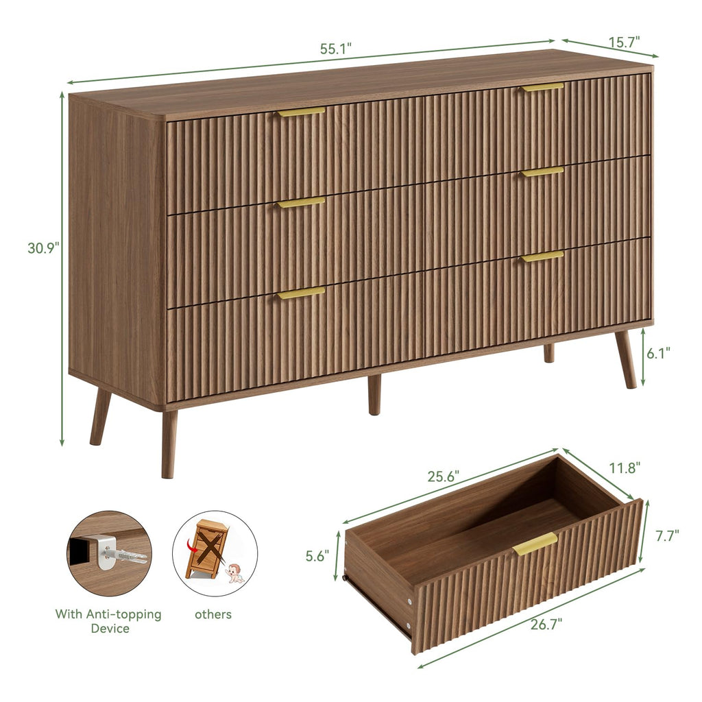 55" Wide Fluted Dresser with 6 Drawer, Modern Chest of Drawers with Curved Profile Design and Metal Handles, Wood