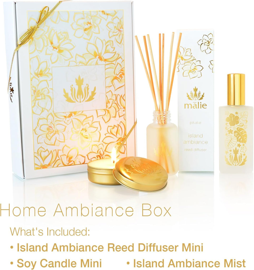 Home Ambiance Gift Box, Pikake, Hawaiian Aromatherapy Gift Set with Reed Diffuser, Ambiance Mist + Soy Candle