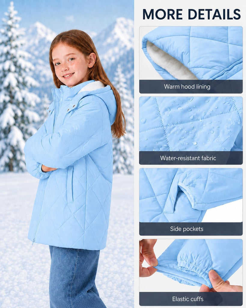 Girls Winter Coat Fleece Lined Hooded Puffer Jacket Warm Outwear