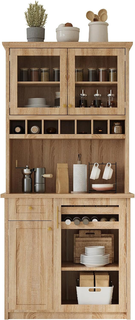 35.4"x17.7"x74.8" Farmhouse Freestanding Buffet with Hutch, Kitchen Pantry Storage Cabinet with Wine Rack and