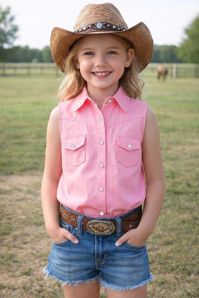 Girls Rhinestones Western Shirt Sleeveless Cowgirl Button Down Shirts Casual Blouses Tops