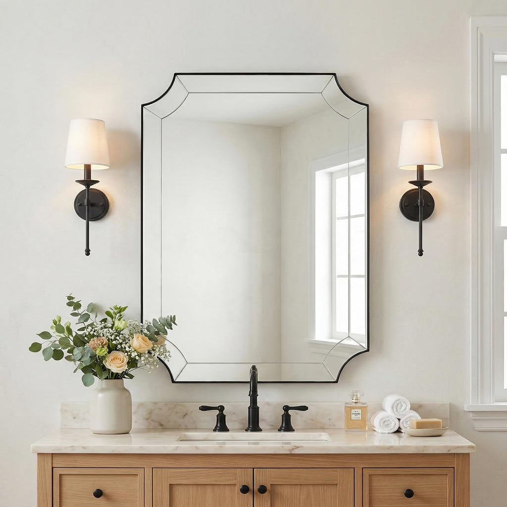 Bathroom Vanity Mirror, 24x32 Matte Black Rectangle Mirror with Scalloped Edge, Vintage Notched Corner Bathroom