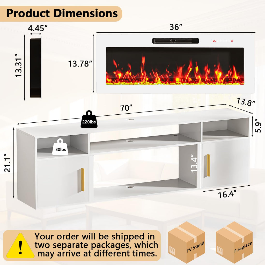 70'' Floating TV Stand with 36" Fireplace, Wall Mounted Entertainment Center with Storage Cabinet and 20 Colors LED