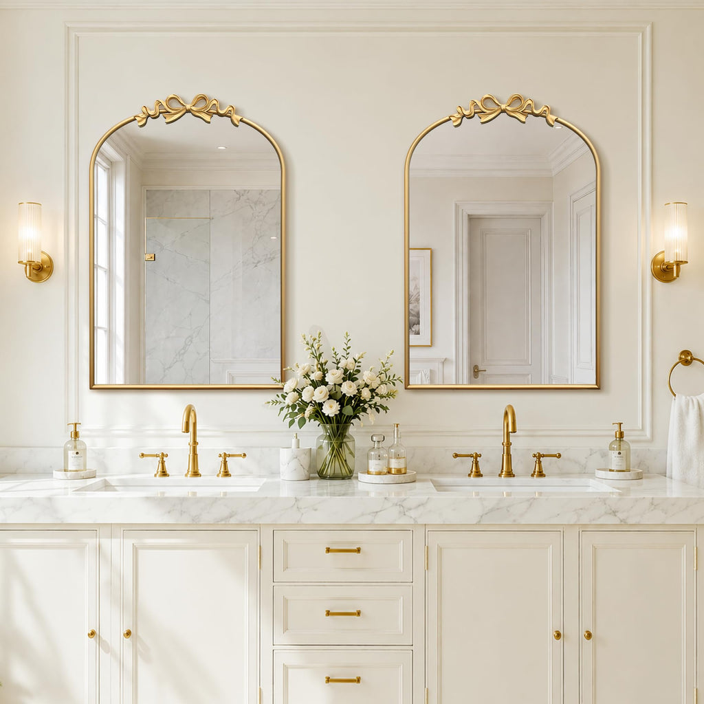 Vintage Arched Gold Mirror: 24"x36" Large Gold Bow Vanity Mirror
