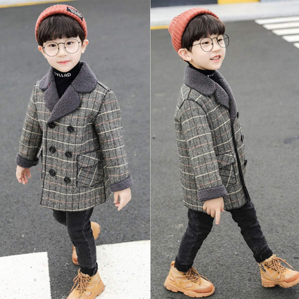 Boy's Pea Coat Faux Wool Double Breasted Trench Jacket Warm Plaid Peacoat