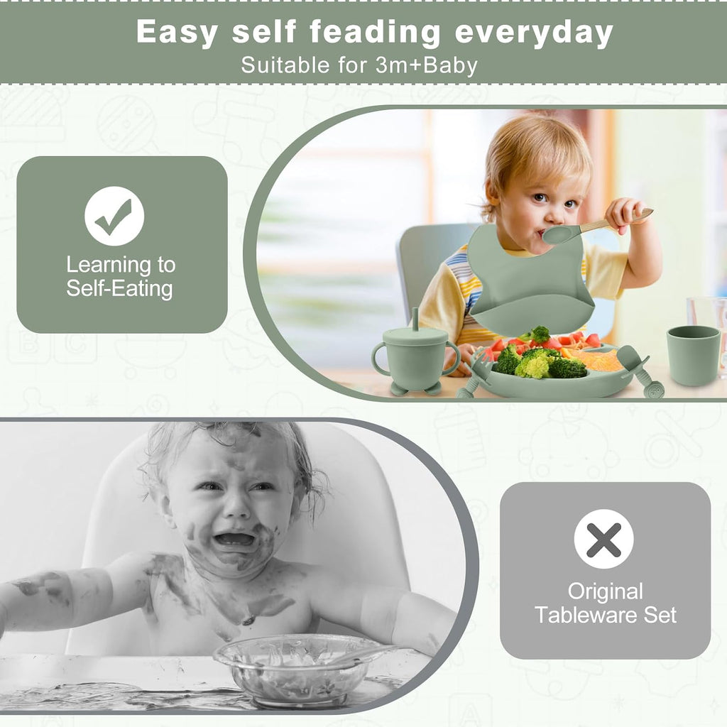 Feeding Set, Toddler Feeding Set 12 Pcs, Suction Bowl and Baby Plate, Silicone Bib,Spoon,Fork & Sippy Cup,BPA Free
