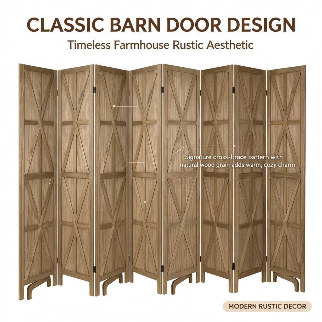 8 Panel Wooden Room Divider, 67" Tall Folding Privacy Screen, Natural