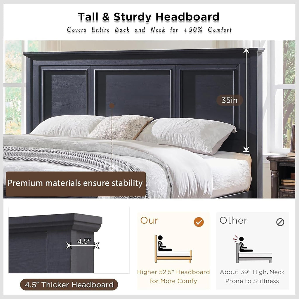 Farmhouse King Bed Frame with 52" Tall Headboard, Wood Platform Bedframe with Footboard and Storage Drawers, No