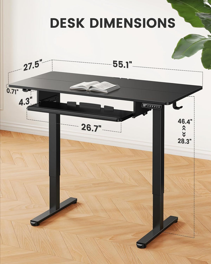 Electric Standing Desk with Keyboard Tray, 55x28 Inches Adjustable Height Sit Stand Up Desk, Home Office Desk
