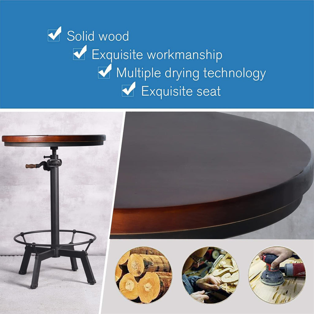 Industrial Bar Table-33.5-39.4 Inch Tall-Adjustable Bar Height Pub Table-23.7 Inch Swivel Round Wood Top Metal
