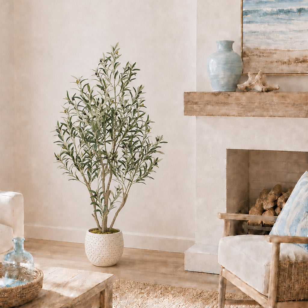 Tall Faux Olive Tree, 5ft(60in) Realistic Potted Silk Artificial Indoor with Green Leaves and Big Fruits Living Room