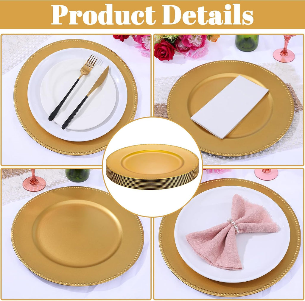 Gold Plastic Charger Plates, 13 Inch Round Beaded Decorative Dinner Chargers for Wedding, Party, Table - Set of 12