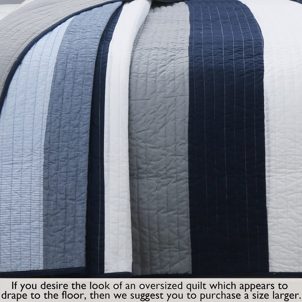 Tranquil Blue Gray Striped 100% Cotton Quilt Bedding Set, Reversible Coverlet, Bedspread (Rendon - 2 Piece)