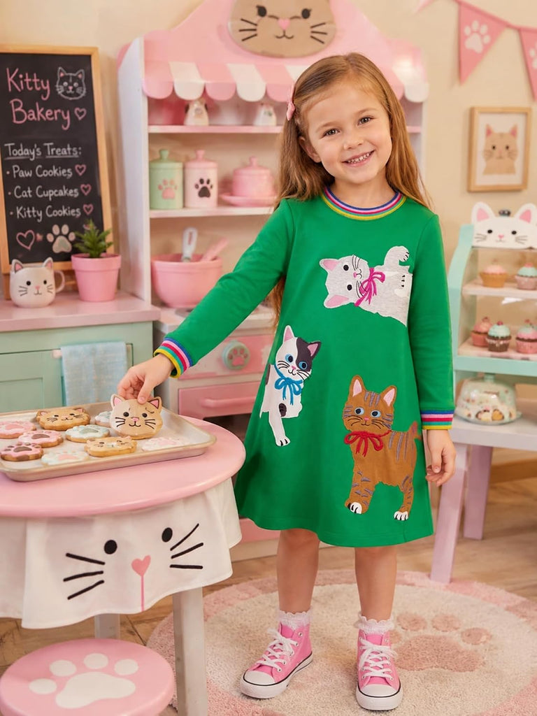 Toddler Girl Long Sleeve Dress Cotton Casual Basic Tunic Dresses Cartoon Applique Dress Kids Fall Winter Clothes