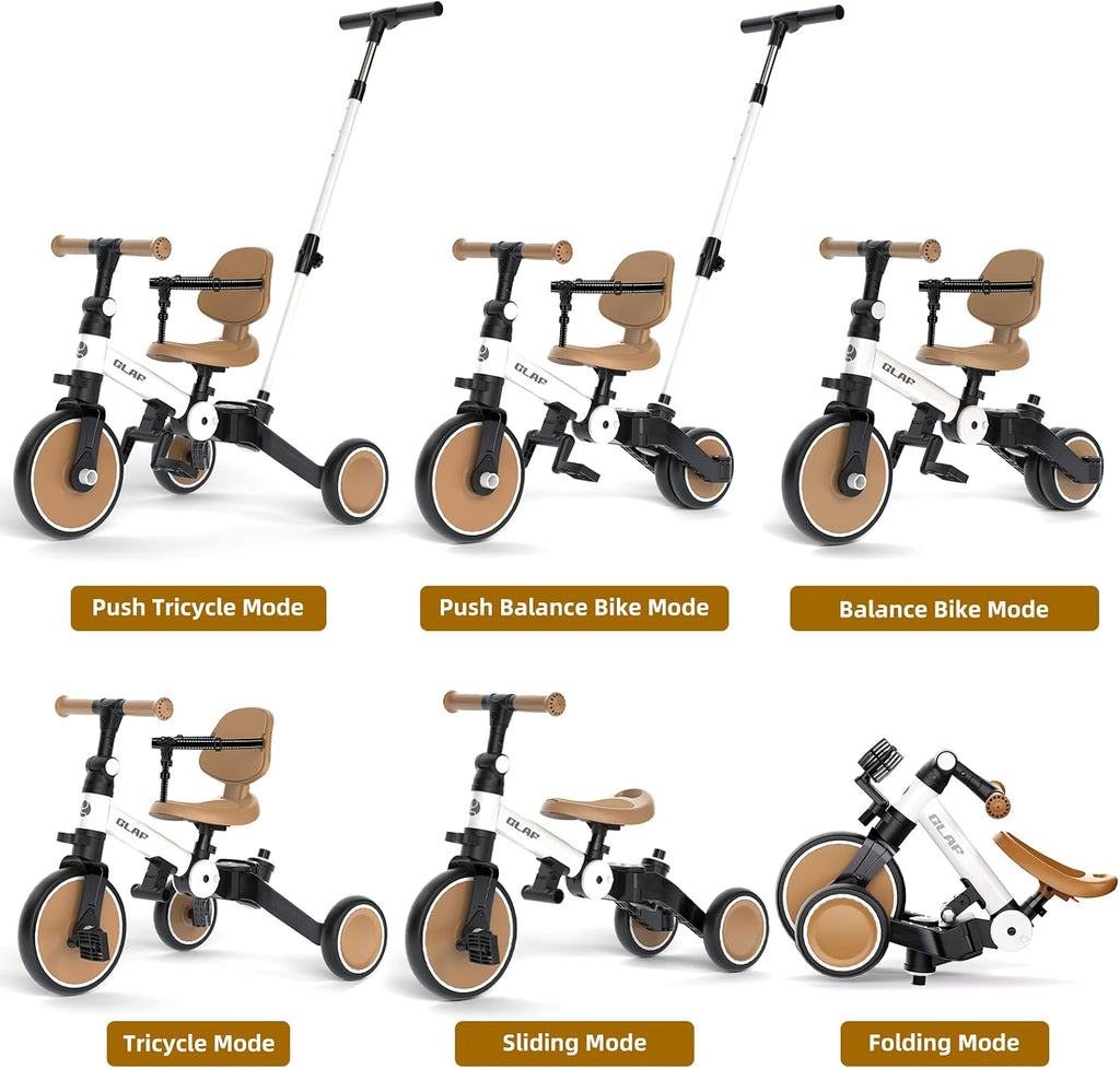 5 in 1 Tricycle with Push Handle for Toddlers 1-3 Years (White Brown)