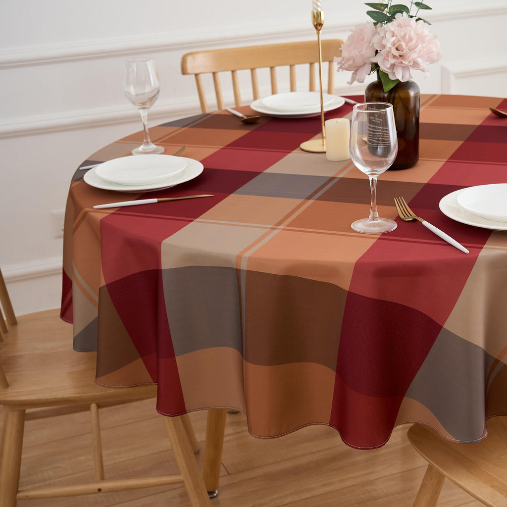 Round Tablecloth 70 Inches Red Brown Buffalo Plaid Winter Table Cloth - Polyester Checkered Gingham Christmas Table