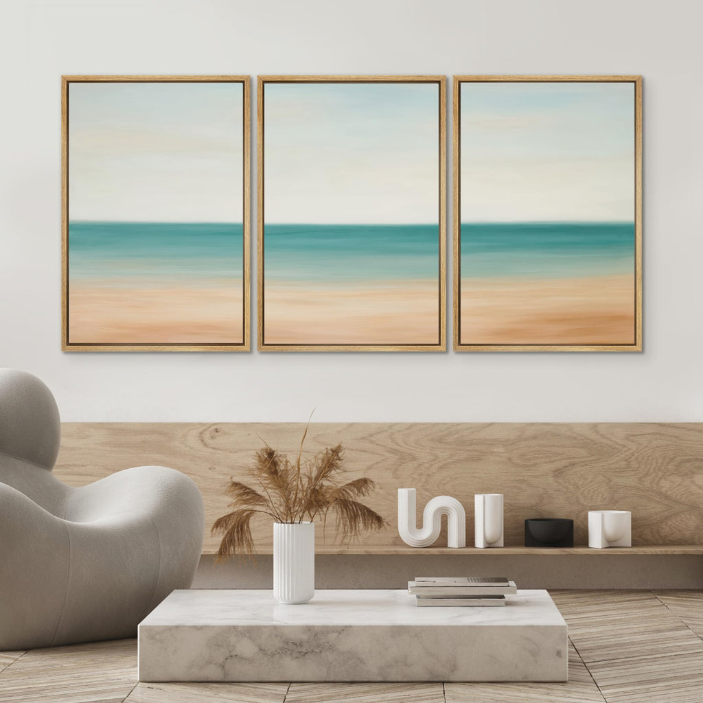 Framed Canvas Print Wall Art Set Soft Abstract Beach Horizon Teal & Beige Minimalist Ocean Illustrations Modern Art