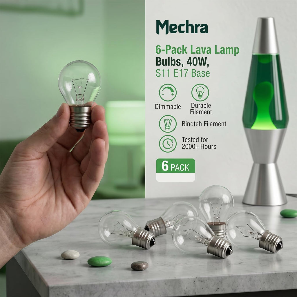 (Pack 6) S11 E17 Middle Base 40 Watt 120V Incandescent Bulbs Adjustable Warm White Light - Lava Lamp Replacement