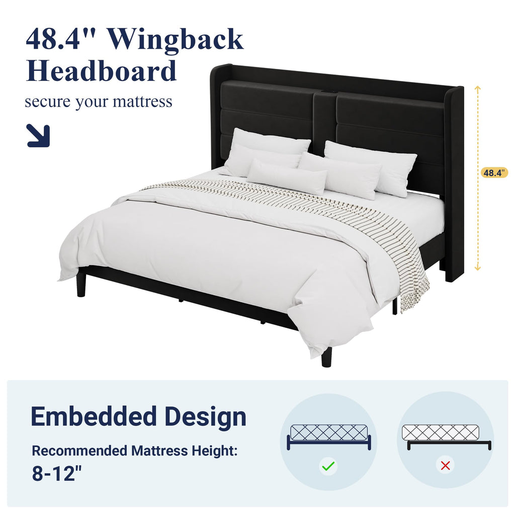 King Size Platform Bed Frame with Charging Station & Storage Headboard, Upholstered Velvet Wingback Design & USB